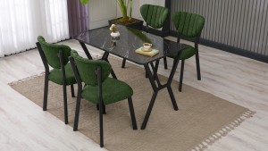 Elma Modeli Mutfak Masa Takımı 4 Sandalye Keten Kumaş Yeşil 1 Masa Siyah Mermer Desenli
