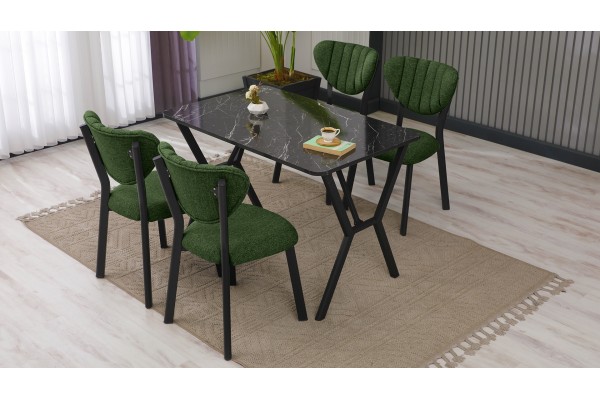 Elma Modeli Mutfak Masa Takımı 4 Kişilik 4 Sandalye 1 Masa 70x110 cm Siyah Mermer Desenli Keten Kumaş Yeşil