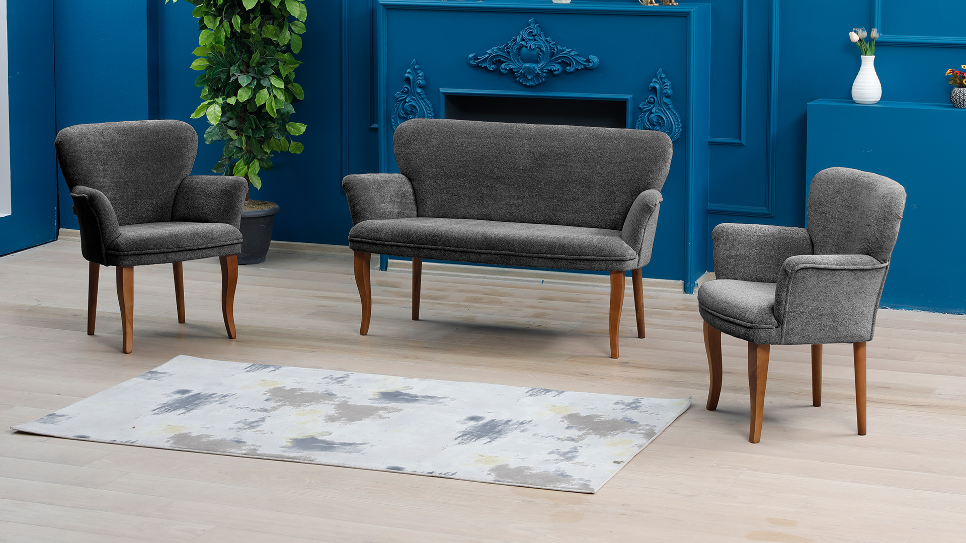 Paris Kollu Takım Teddy Bukle Kumaş Ahşap Ceviz Ayak Füme