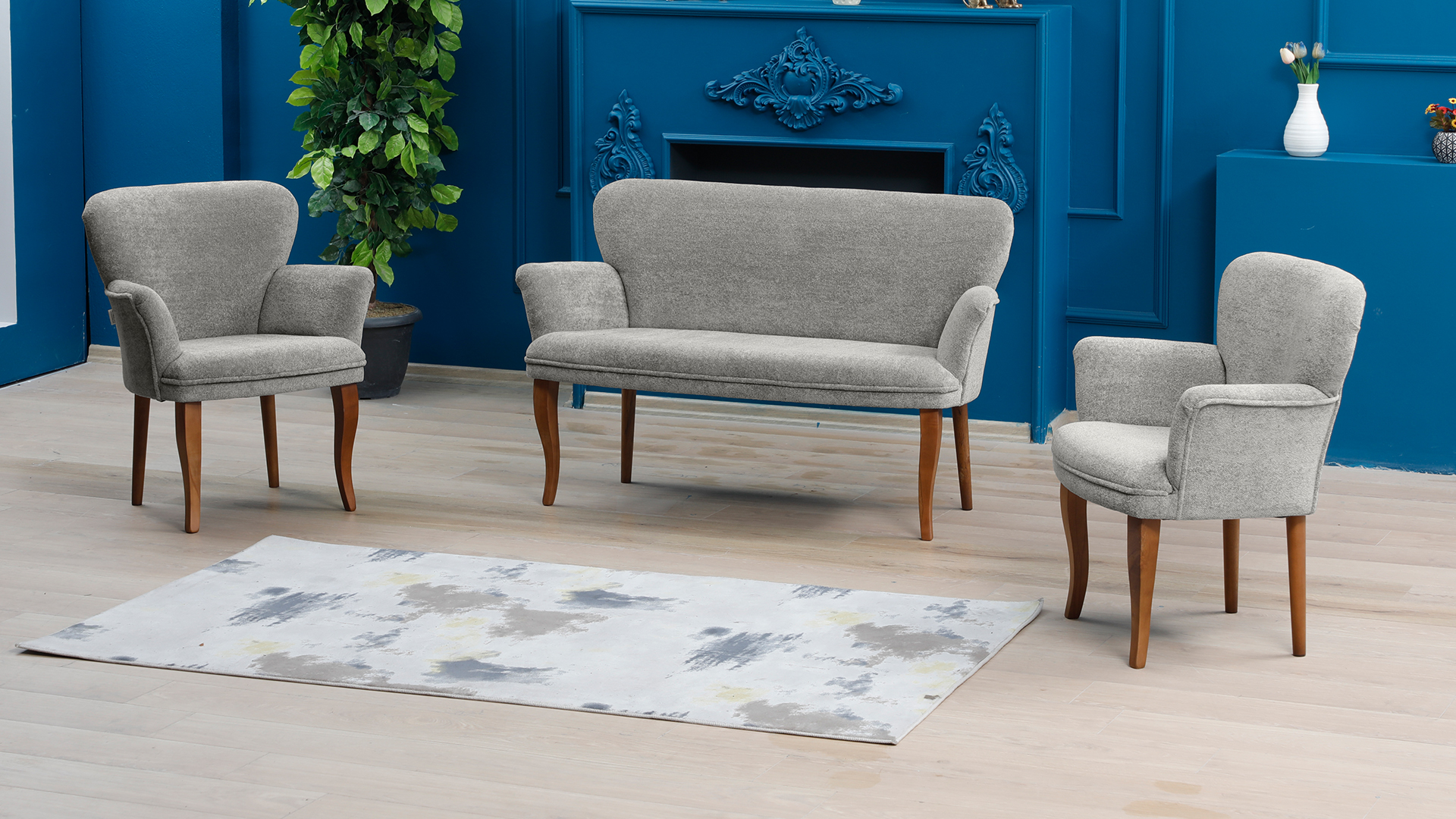 Paris Kollu Takım Nubuk Kumaş Ahşap Siyah Ayak Gri