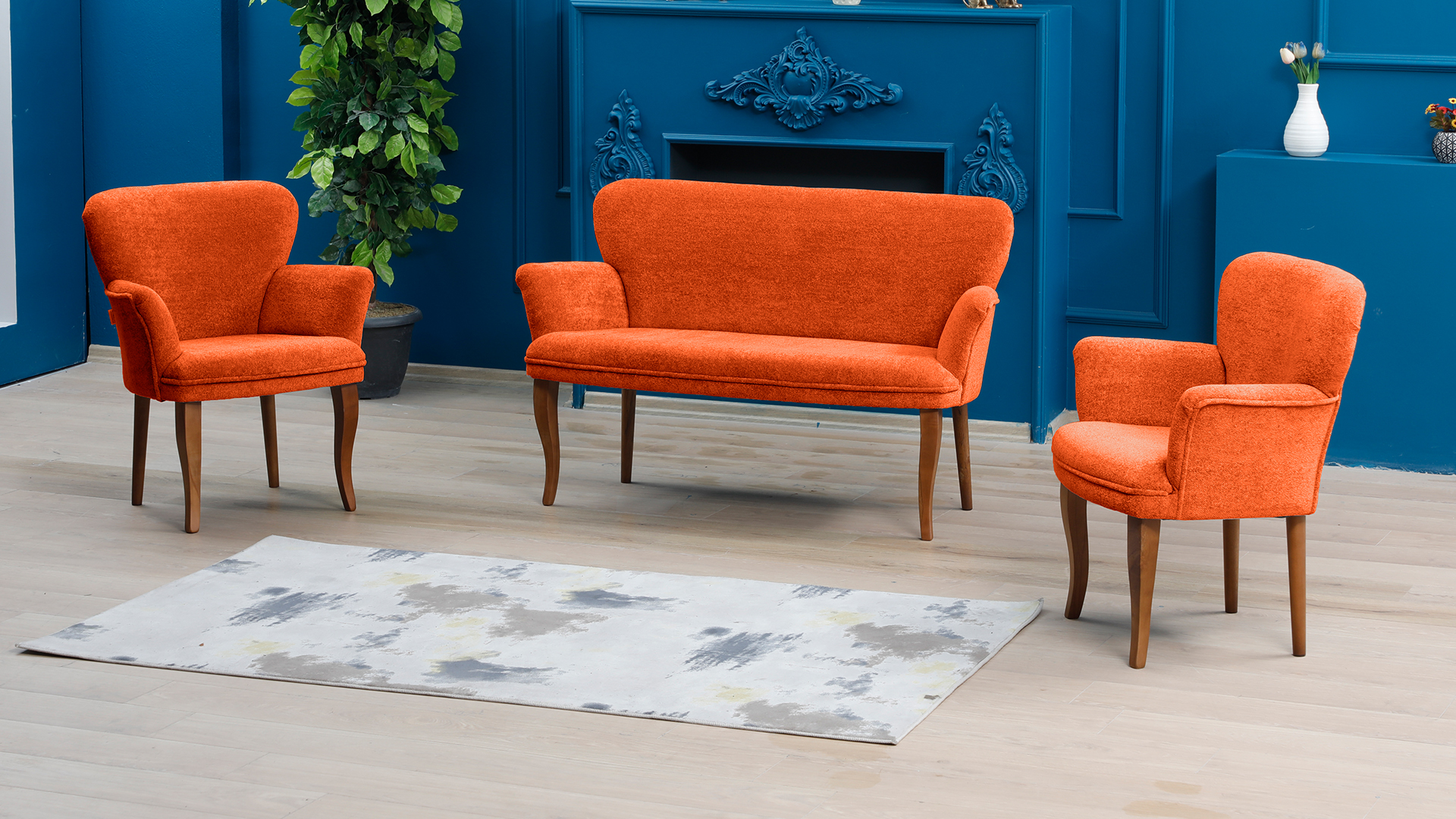 Paris Kollu Takım Nubuk Kumaş Ahşap Ceviz Ayak Kiremit