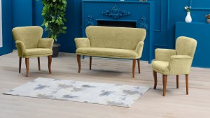 Paris Kollu Takım Nubuk Kumaş Ahşap Ceviz Ayak Sütlü Kahve