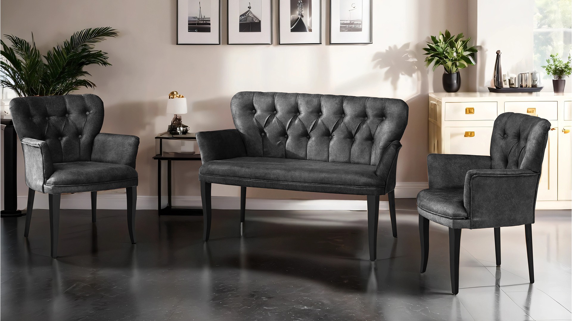 Paris Kollu Takım Nubuk Kumaş Ahşap Siyah Ayak Füme