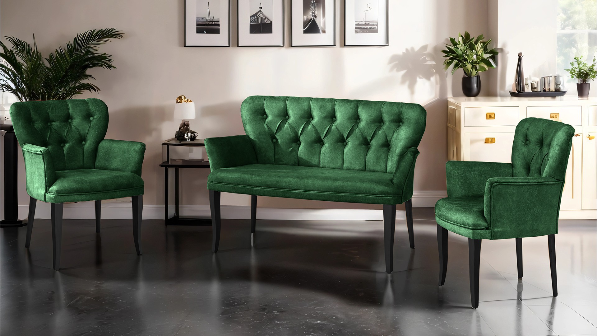 Paris Kollu Takım Nubuk Kumaş Ahşap Siyah Ayak Yeşil