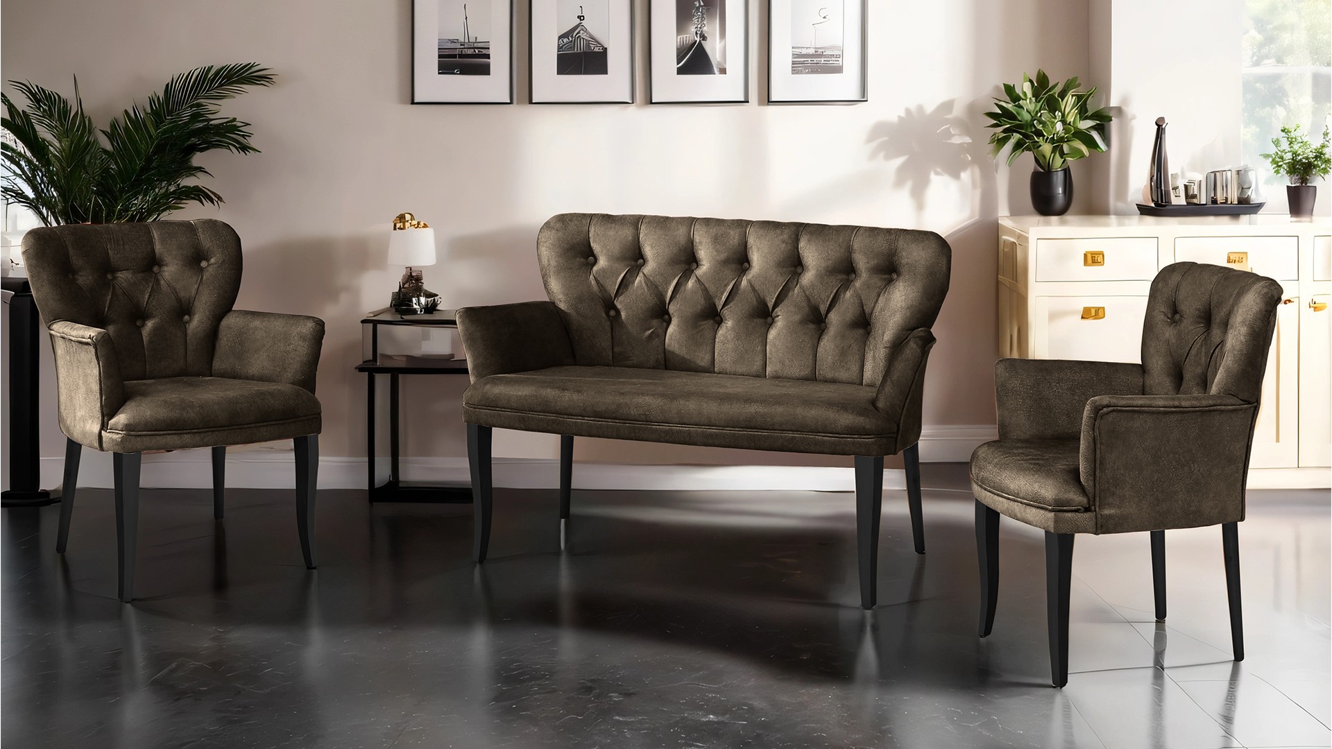 Paris Kollu Takım Nubuk Kumaş Ahşap Siyah Ayak Kahve