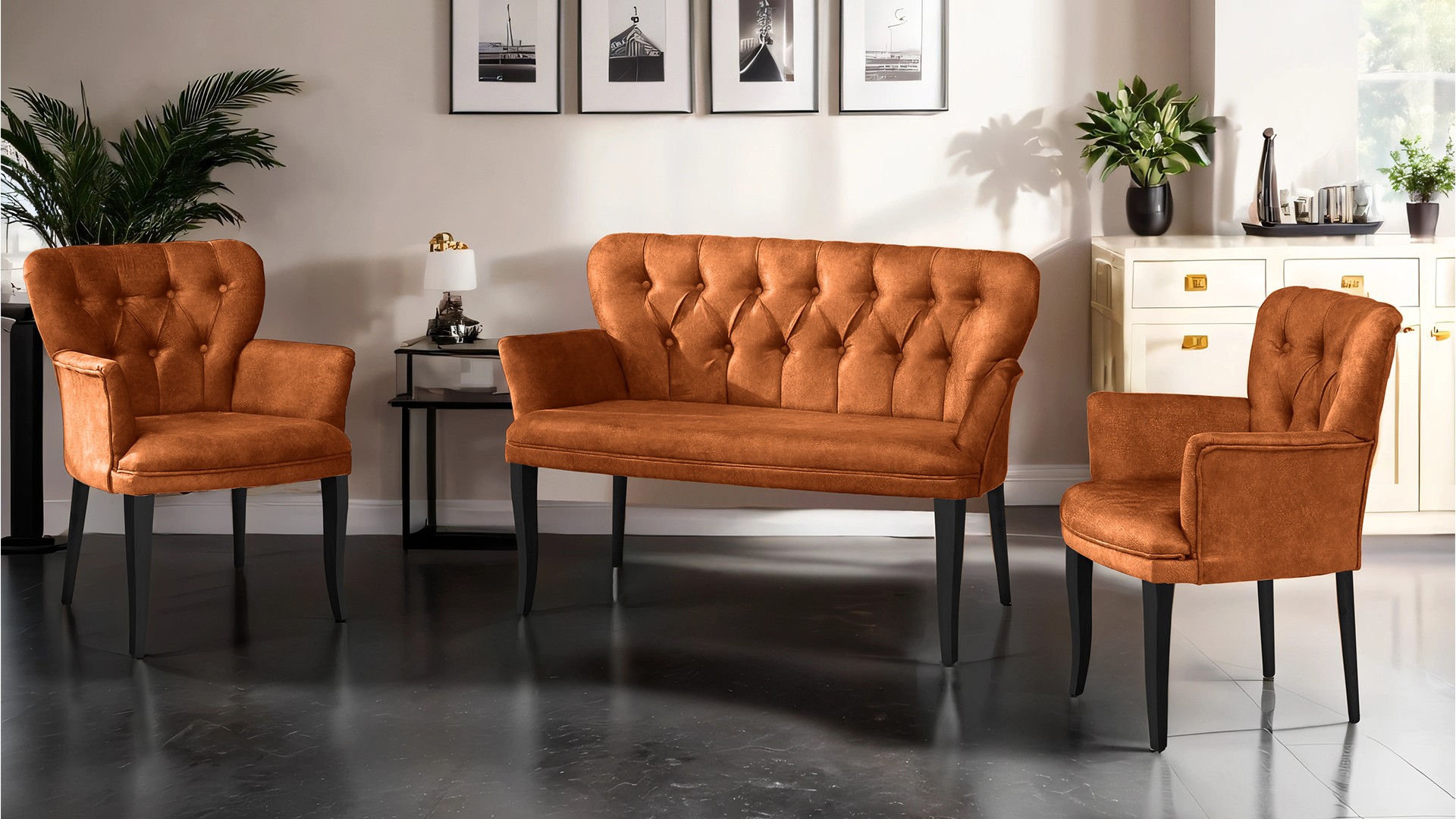 Paris Kollu Takım Nubuk Kumaş Ahşap Siyah Ayak Kiremit