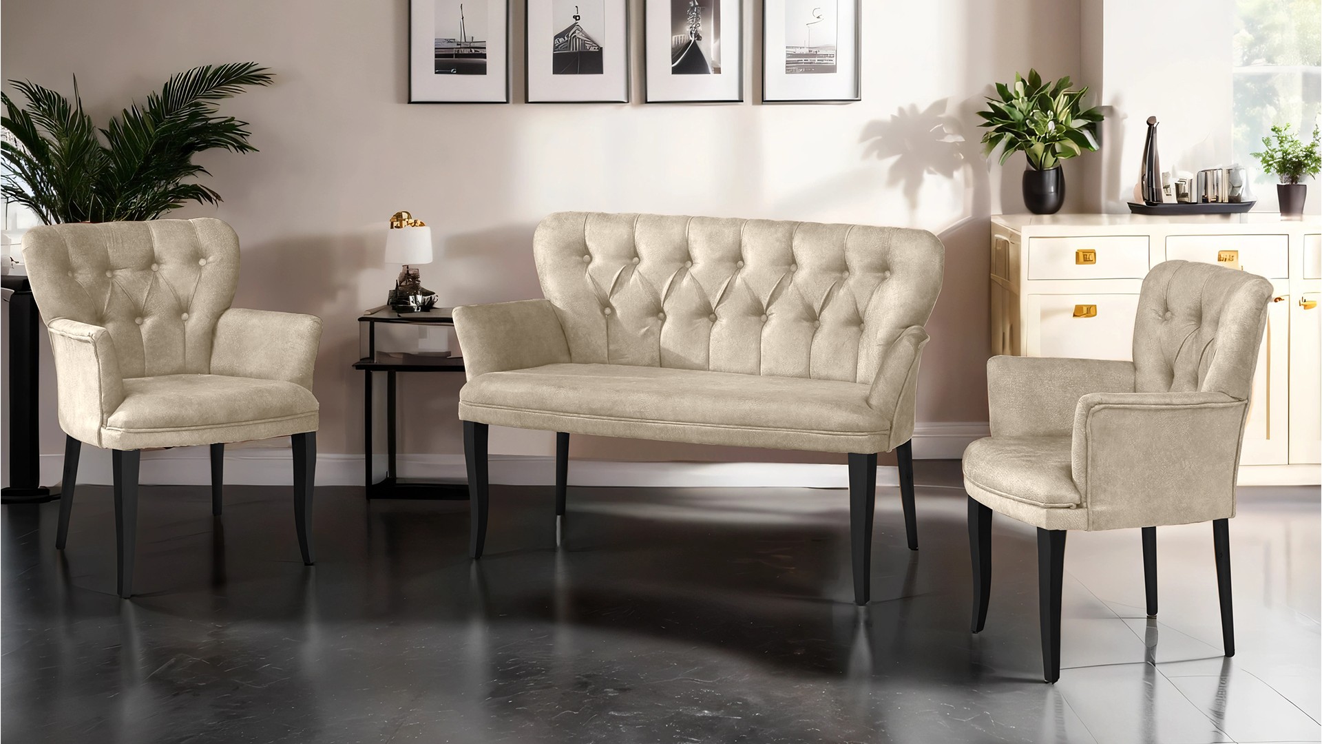 Paris Kollu Takım Nubuk Kumaş Ahşap Siyah Ayak Krem