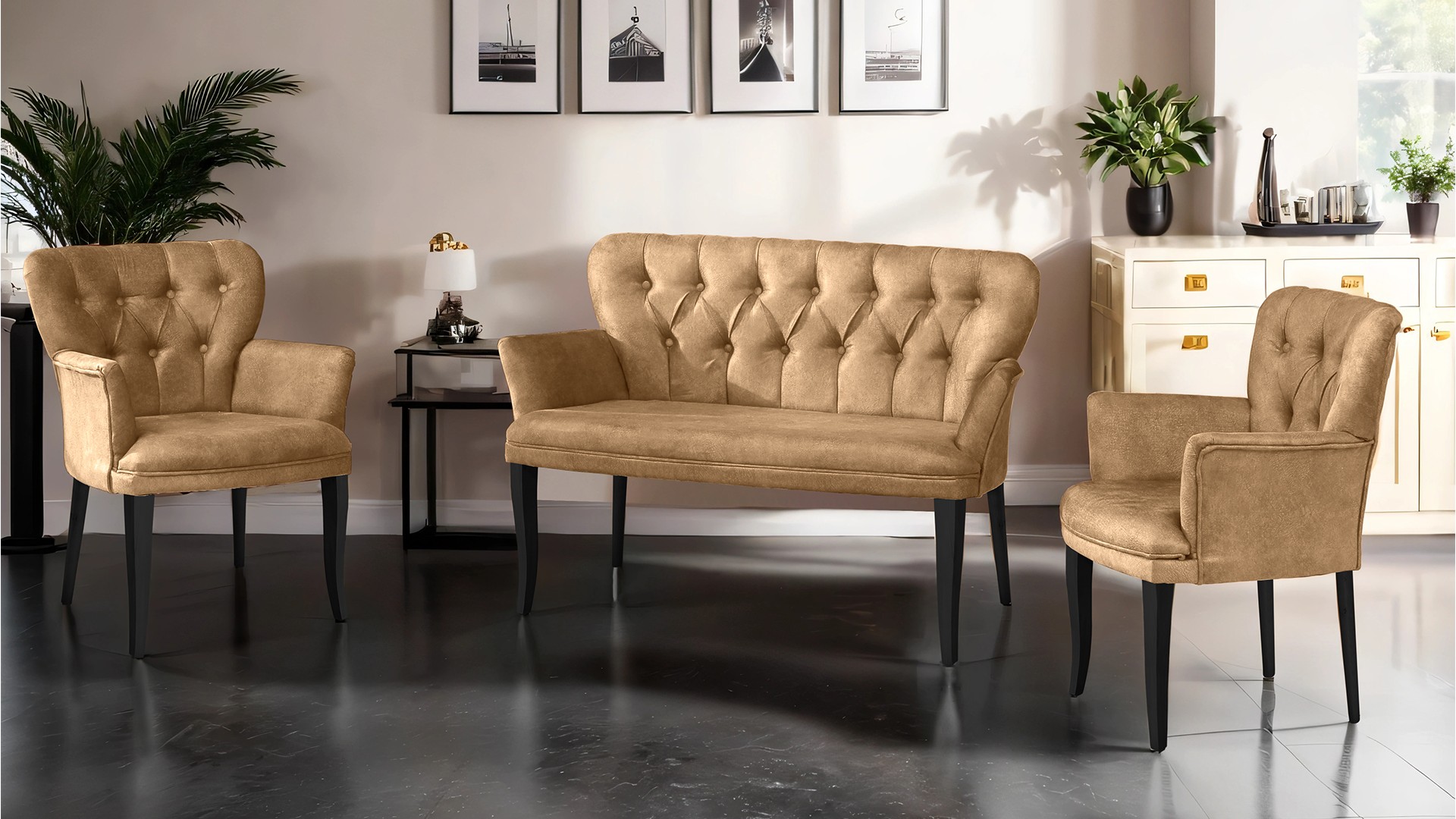 Paris Kollu Takım Nubuk Kumaş Ahşap Siyah Ayak Sütlü Kahve