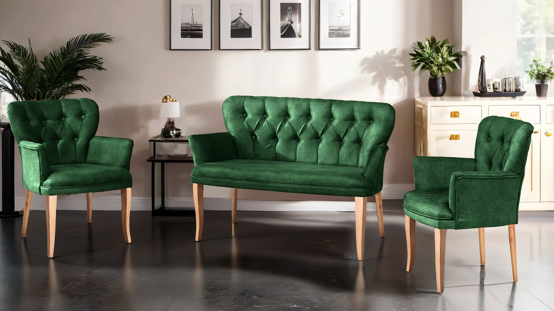 Paris Kollu Takım Nubuk Kumaş AhşapCeviz Ayak Yeşil