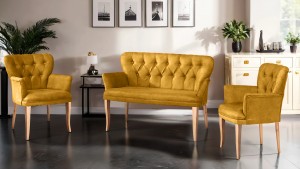 Paris Kollu Takım Nubuk Kumaş Ahşap Ceviz Ayak Sarı