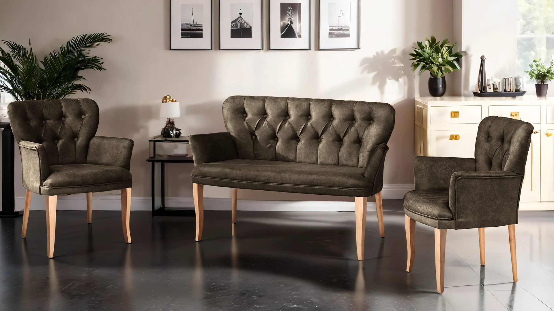 Paris Kollu Takım Nubuk Kumaş Ahşap Ceviz Ayak Kahve