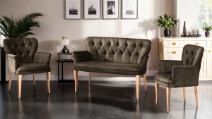 Paris Kollu Takım Nubuk Kumaş Ahşap Ceviz Ayak Kahve