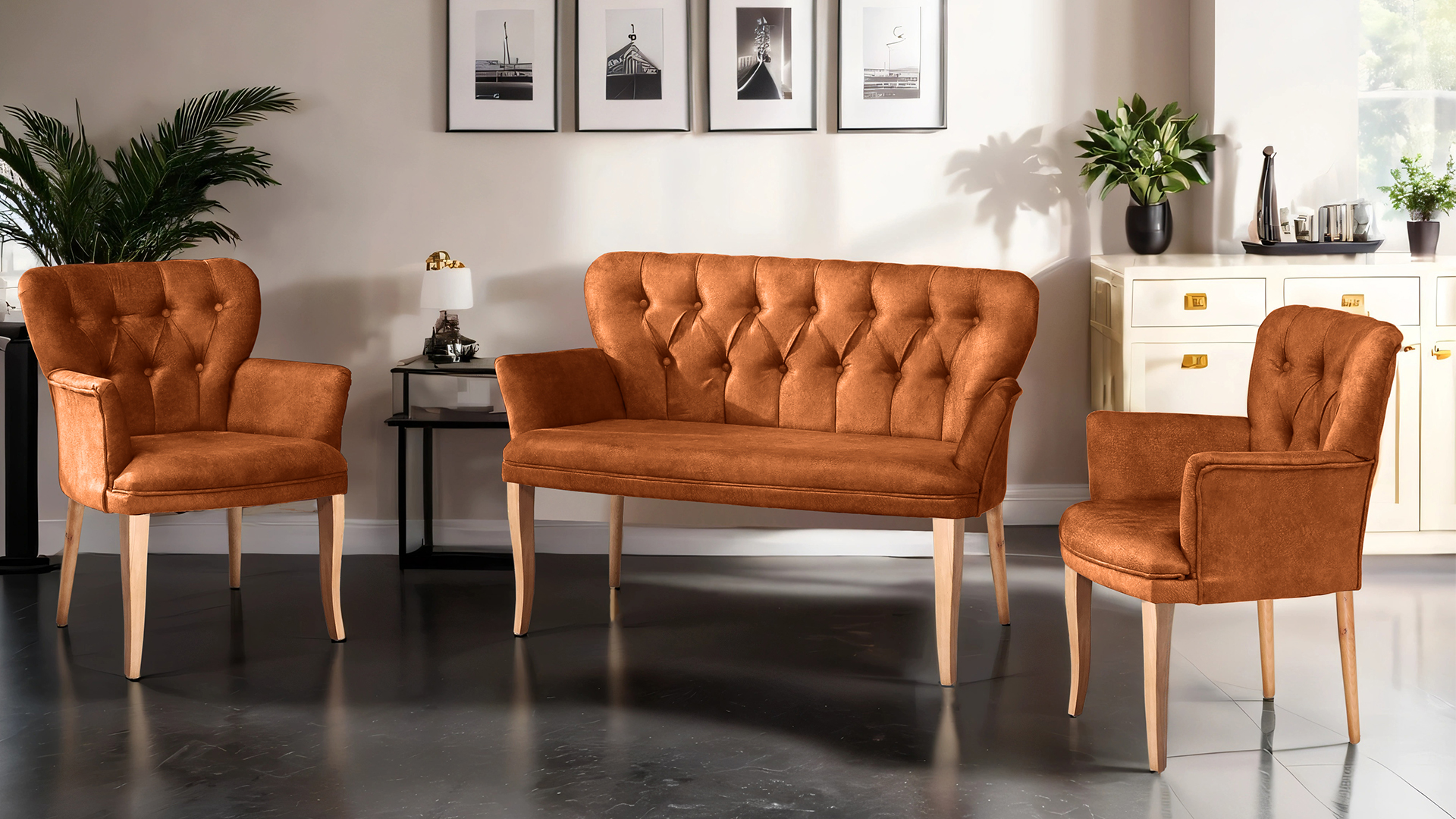 Paris Kollu Takım Nubuk Kumaş Ahşap Ceviz Ayak Kiremit