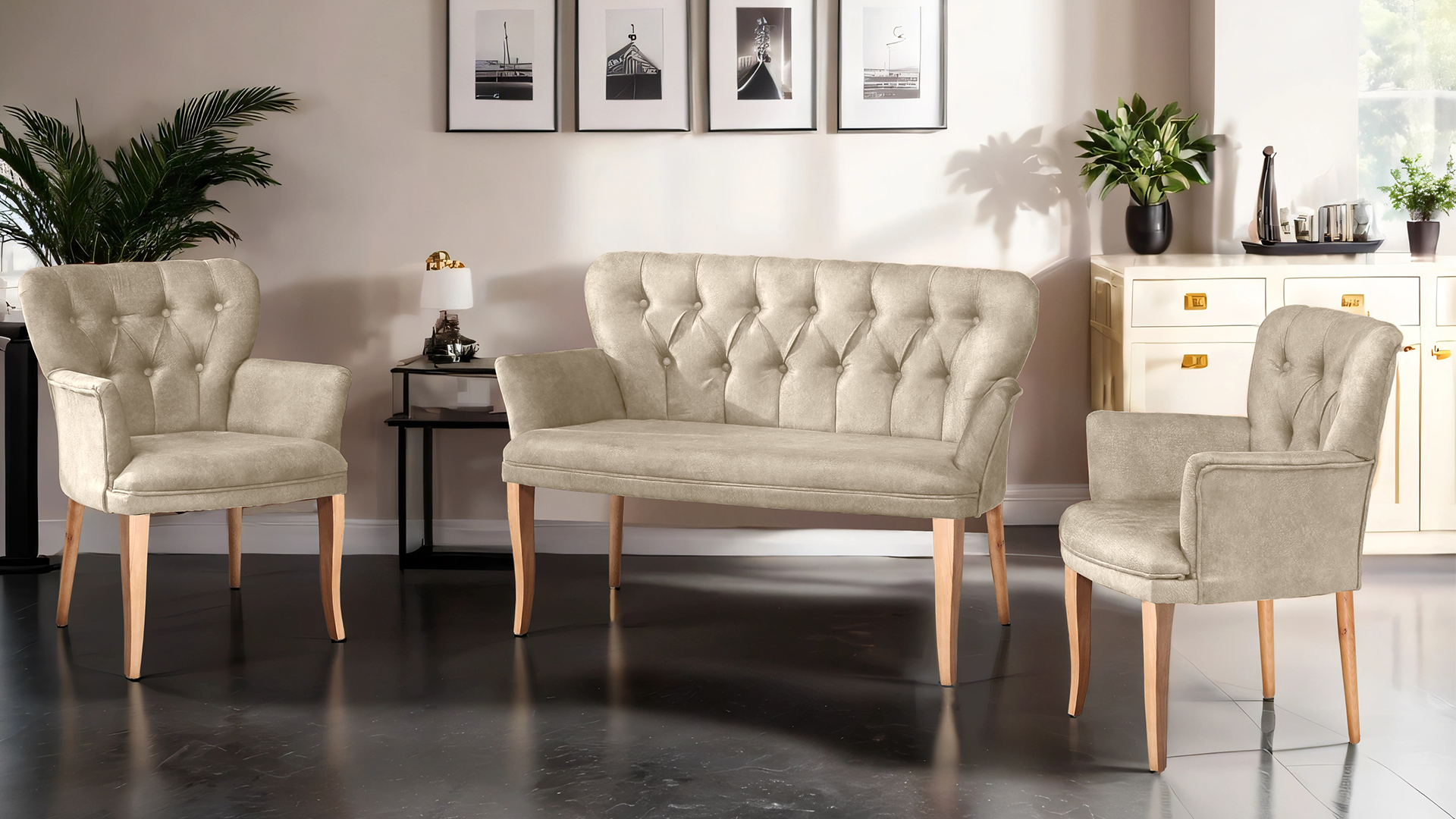 Paris Kollu Takım Nubuk Kumaş Ahşap Ahşap Ayak Krem