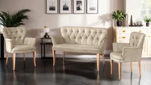 Paris Kollu Takım Nubuk Kumaş Ahşap Ahşap Ayak Krem