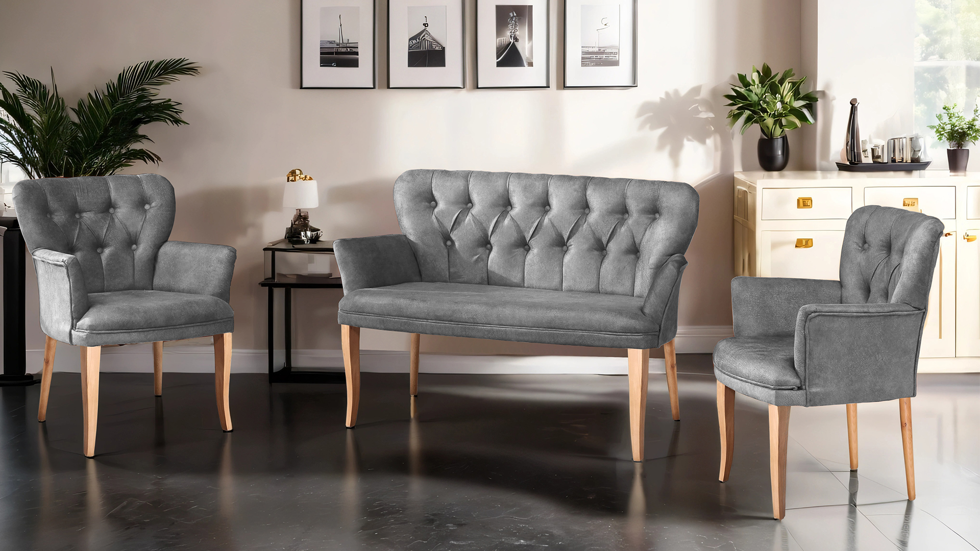 Paris Kollu Takım Nubuk Kumaş Ahşap Siyah Ayak Gri