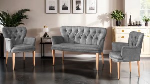 Paris Kollu Takım Nubuk Kumaş Ahşap Siyah Ayak Gri