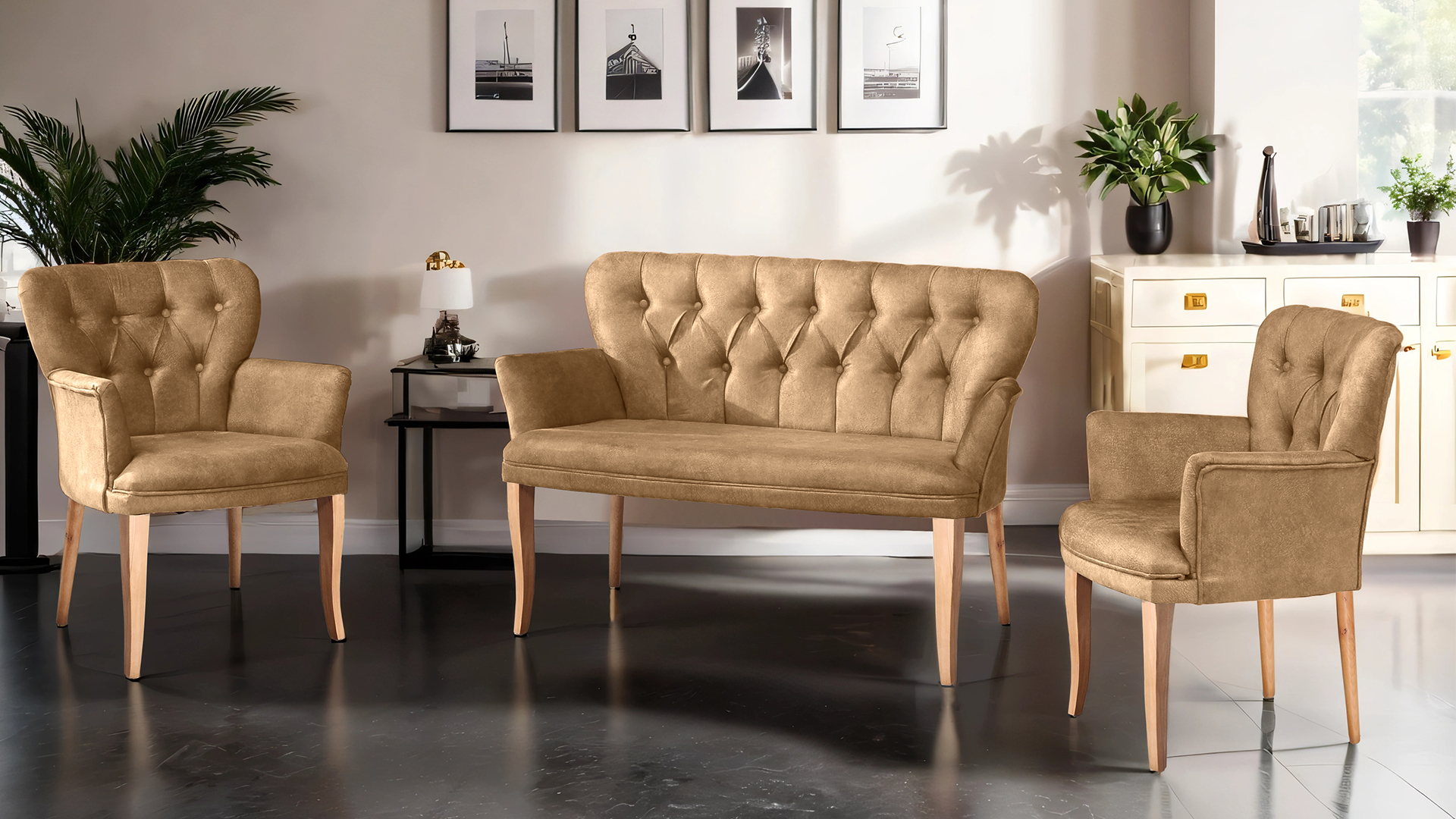 Paris Kollu Takım Nubuk Kumaş Ahşap Ceviz Ayak Sütlü Kahve