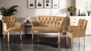 Paris Kollu Takım Nubuk Kumaş Ahşap Ceviz Ayak Sütlü Kahve