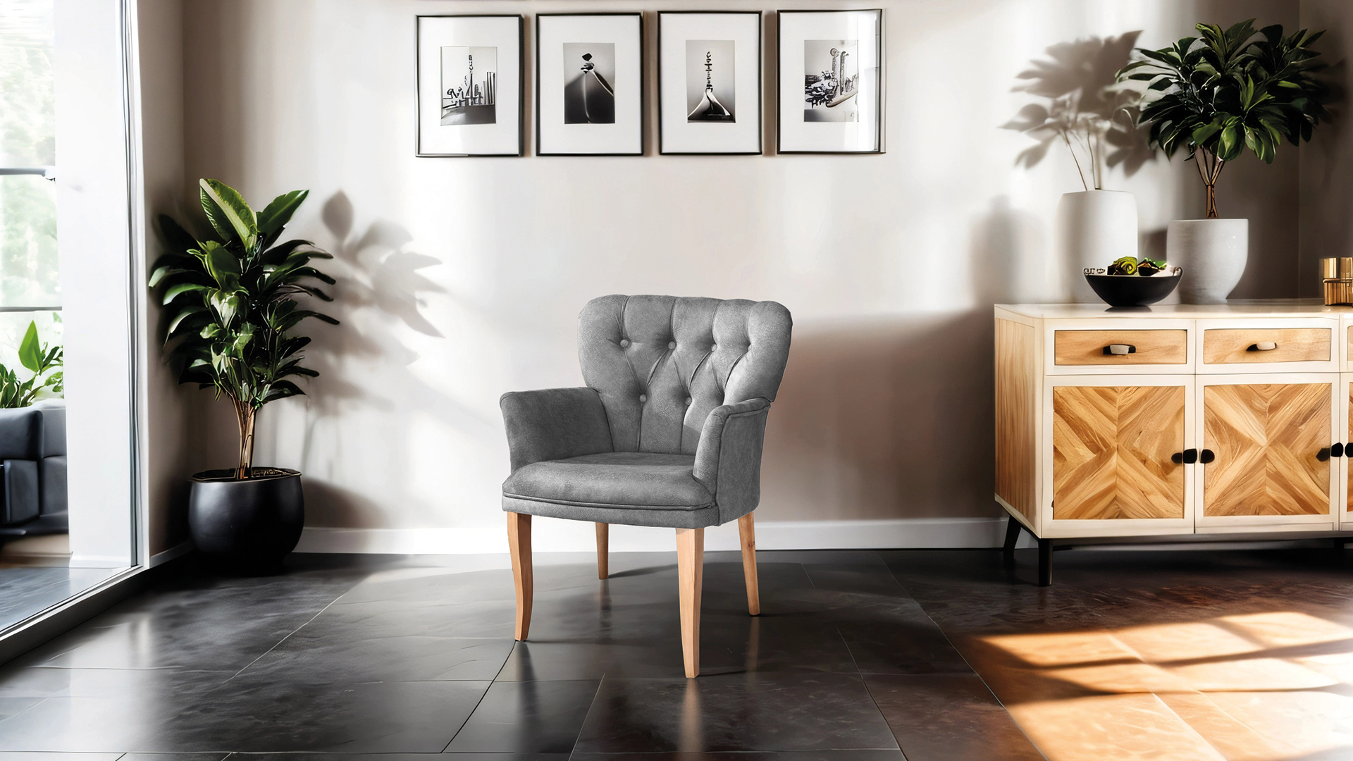 Paris Kollu Takım Nubuk Kumaş Ahşap Siyah Ayak Gri