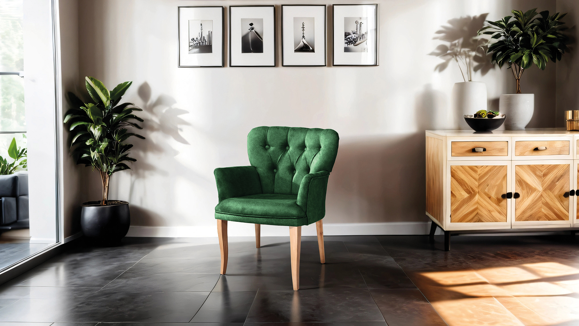 Paris Kollu Takım Nubuk Kumaş AhşapCeviz Ayak Yeşil