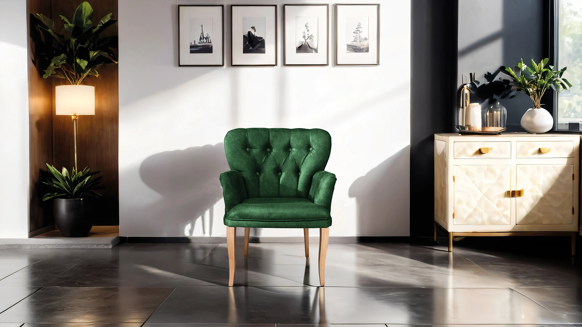 Paris Kollu Takım Nubuk Kumaş AhşapCeviz Ayak Yeşil