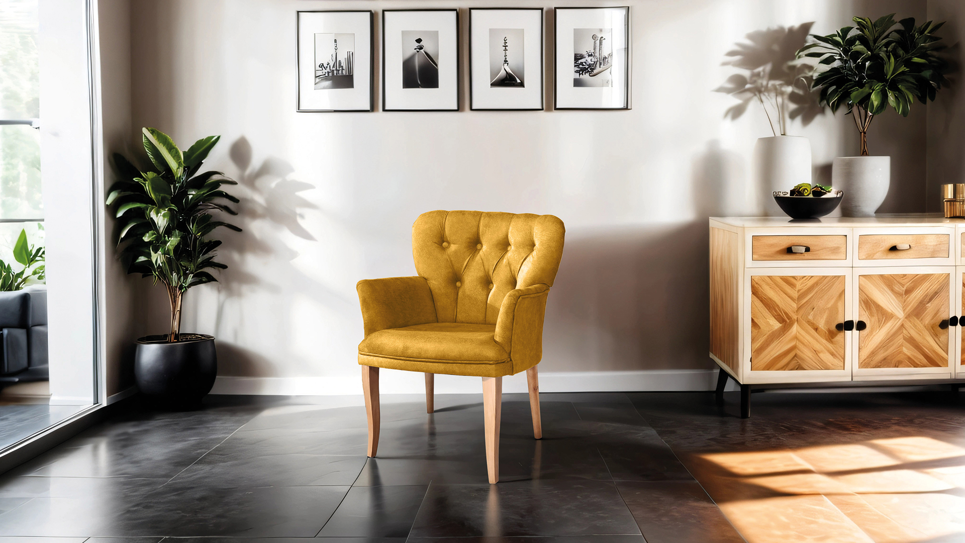 Paris Kollu Takım Nubuk Kumaş Ahşap Ceviz Ayak Sarı