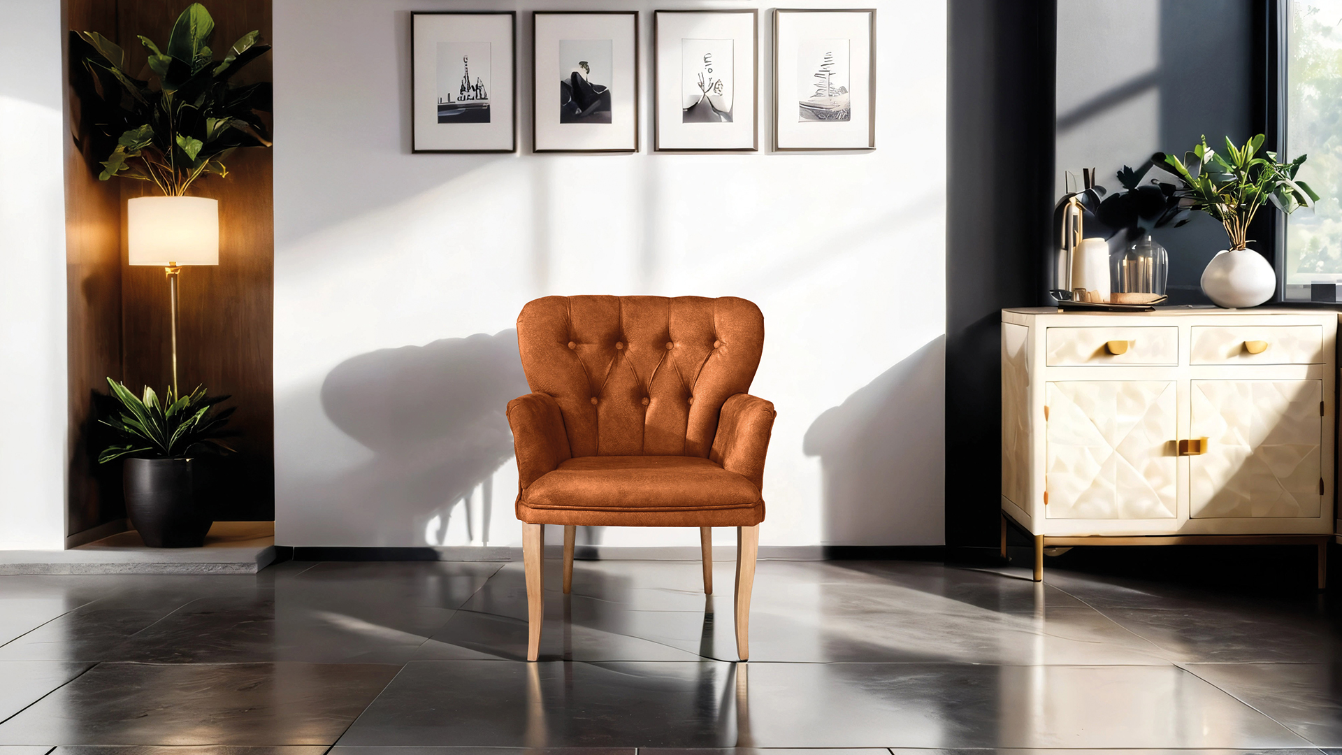 Paris Kollu Takım Nubuk Kumaş Ahşap Ceviz Ayak Kiremit