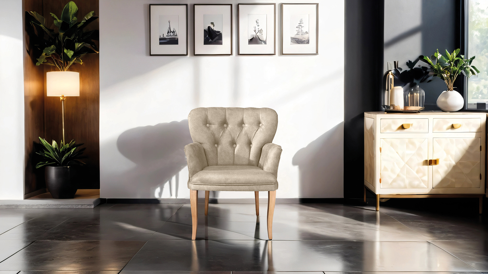 Paris Kollu Takım Nubuk Kumaş Ahşap Ahşap Ayak Krem