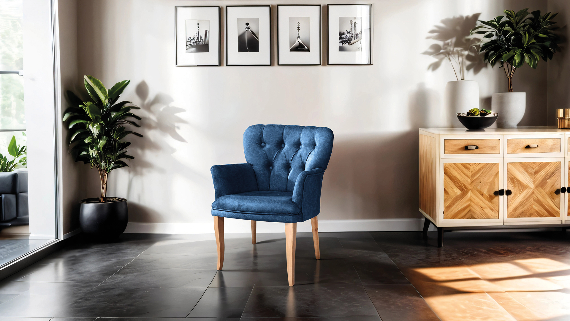 Paris Kollu Tekli Berjer Nubuk Kumaş Ahşap Ceviz Ayak Lacivert