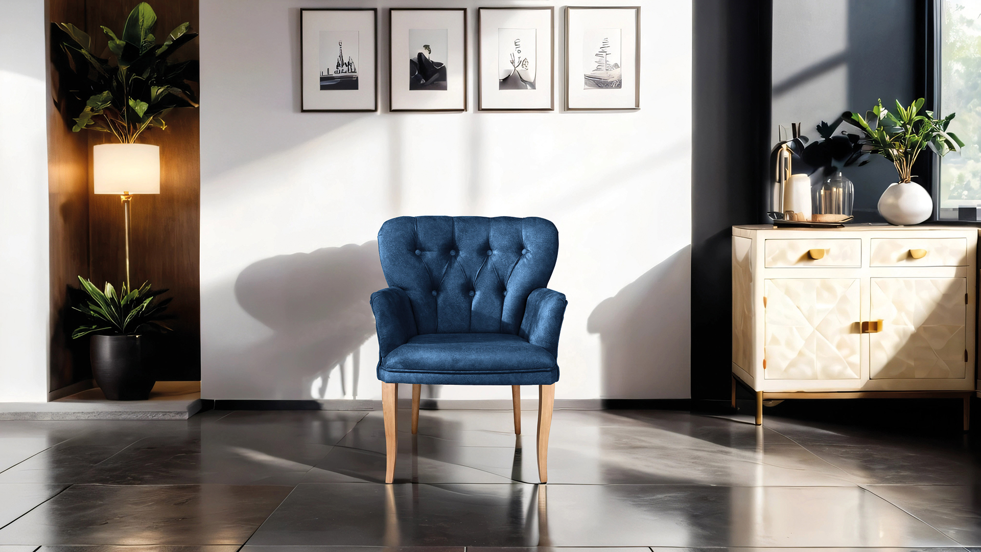 Paris Kollu Tekli Berjer Nubuk Kumaş Ahşap Ceviz Ayak Lacivert