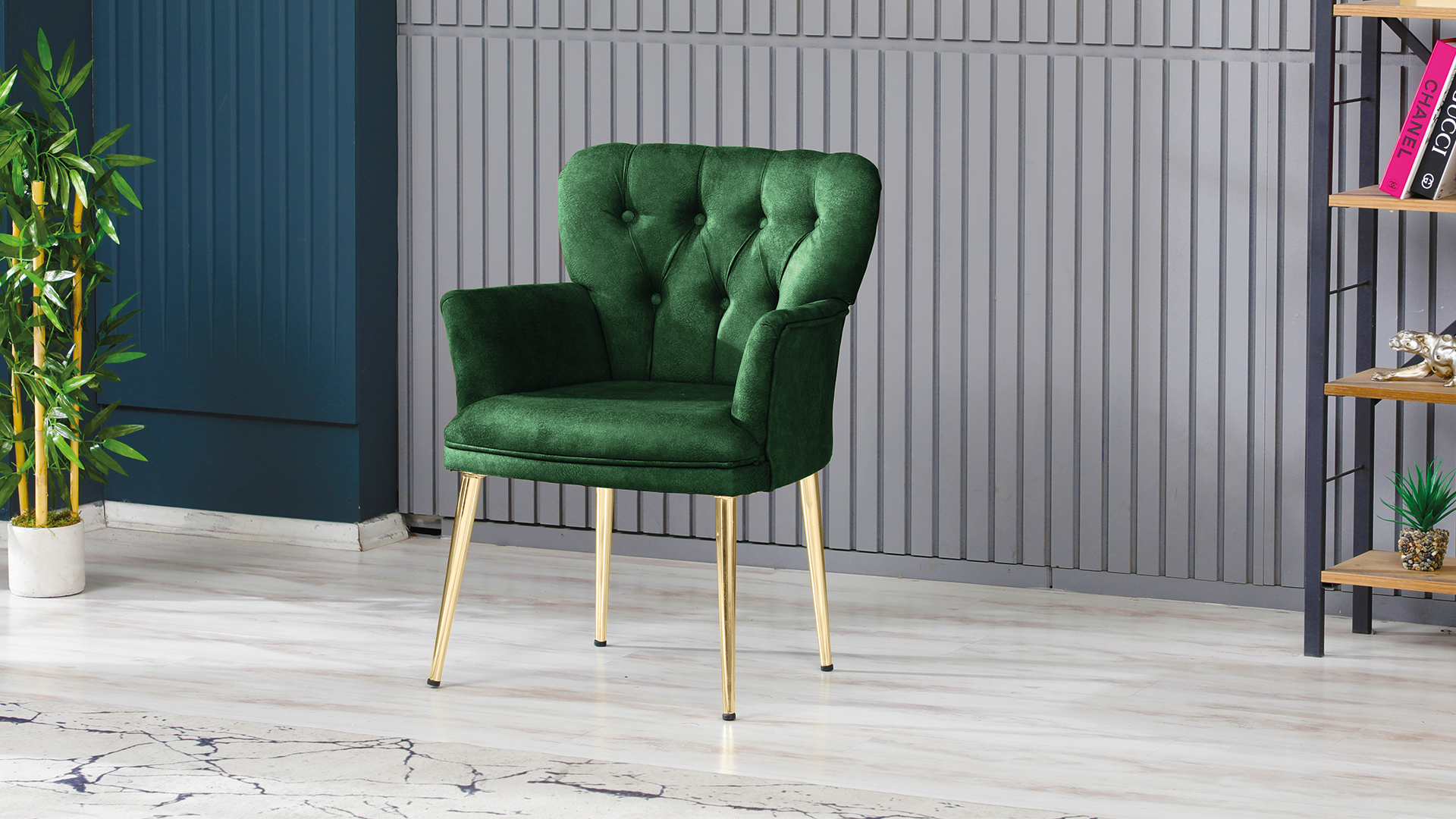 Paris Kollu Takım Nubuk Kumaş Ahşap Siyah Ayak Yeşil