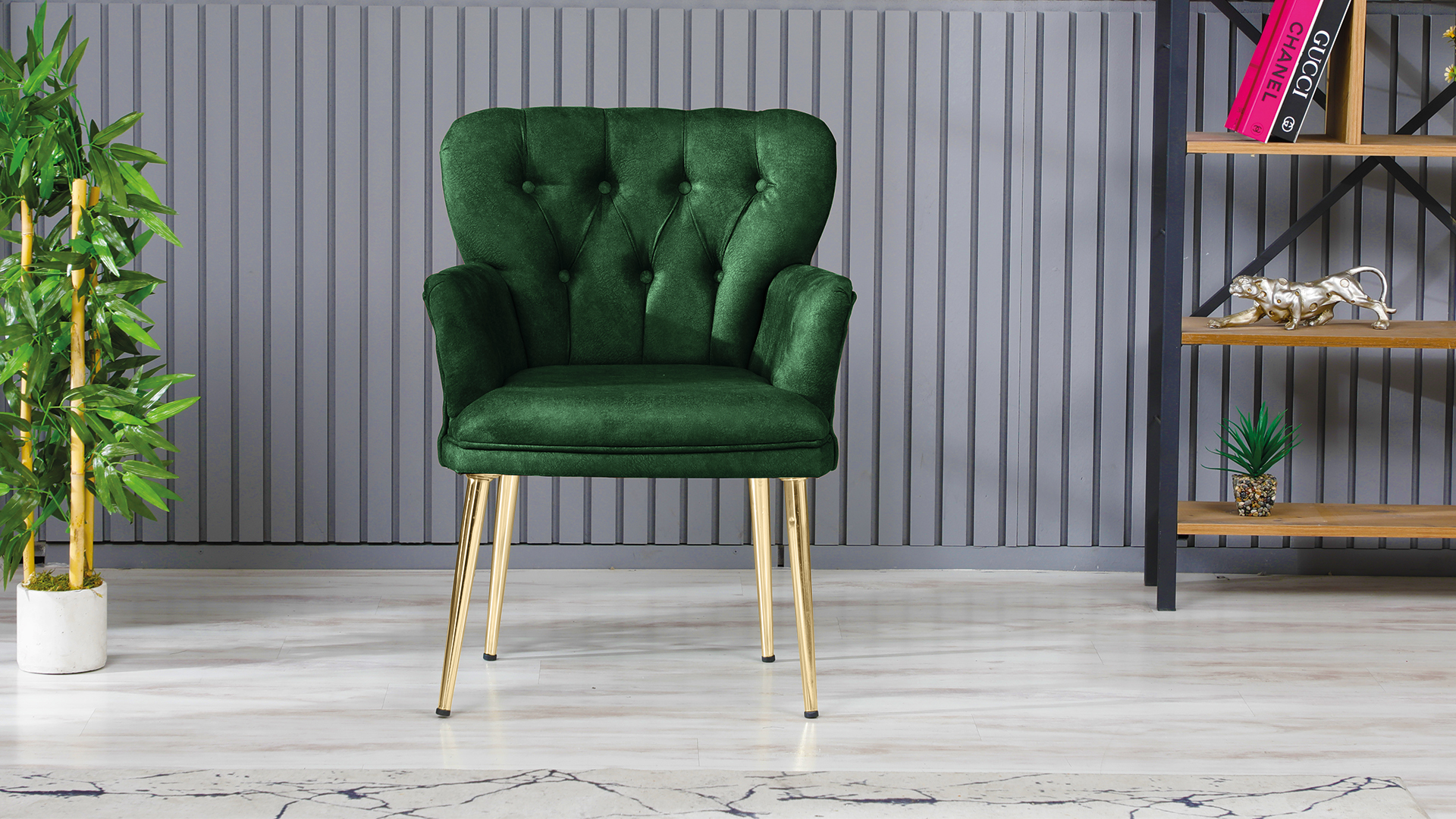 Paris Kollu Takım Nubuk Kumaş Ahşap Siyah Ayak Yeşil