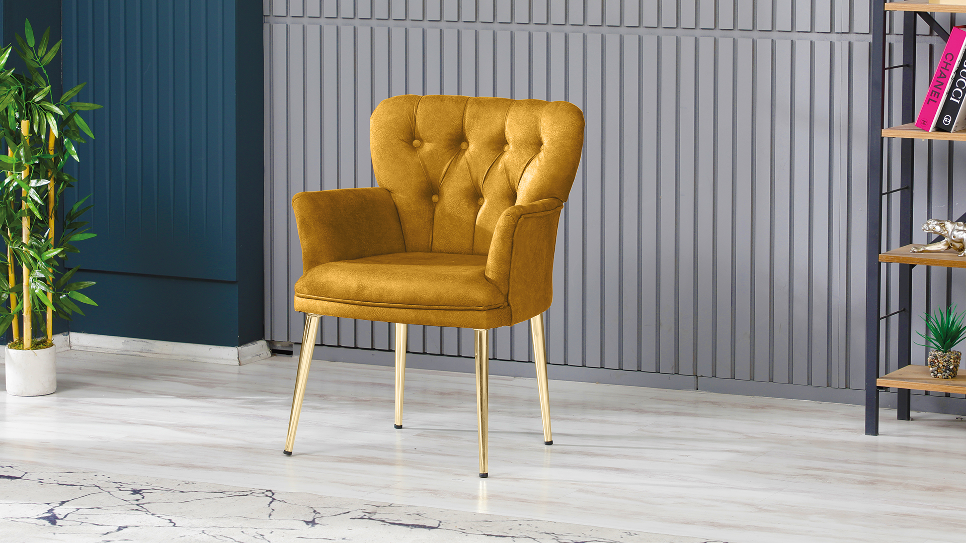 Paris Kollu Takım Nubuk Kumaş Ahşap Siyah Ayak Sarı