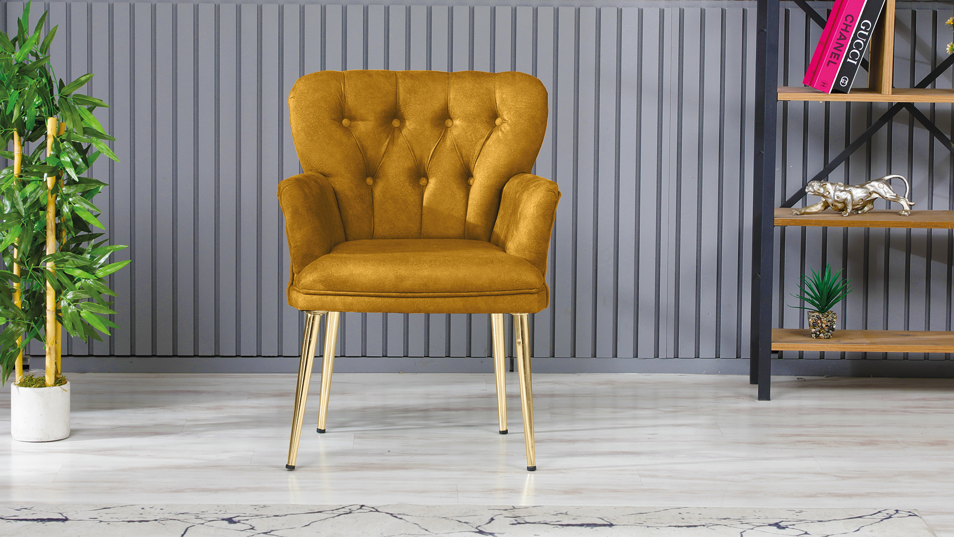 Paris Kollu Takım Nubuk Kumaş Ahşap Siyah Ayak Sarı