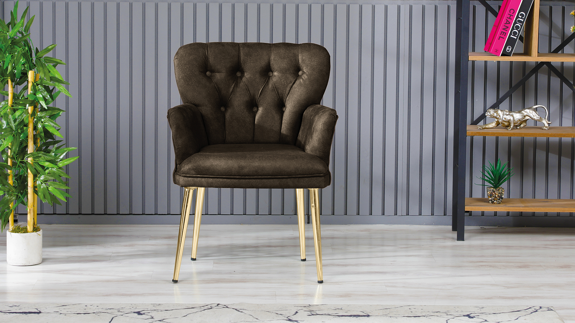 Paris Kollu Takım Nubuk Kumaş Ahşap Siyah Ayak Kahve