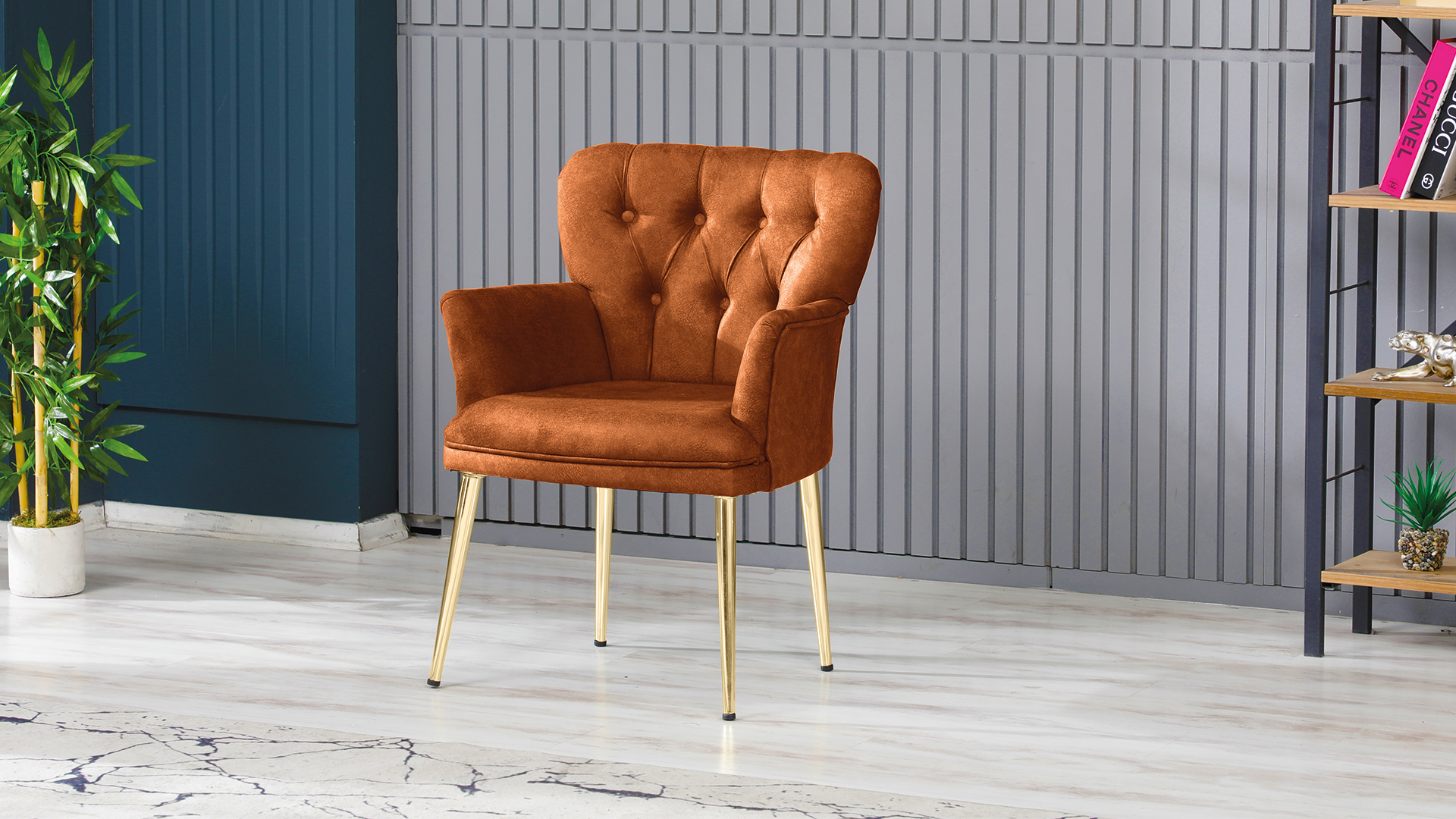 Paris Kollu Takım Nubuk Kumaş Ahşap Siyah Ayak Kiremit