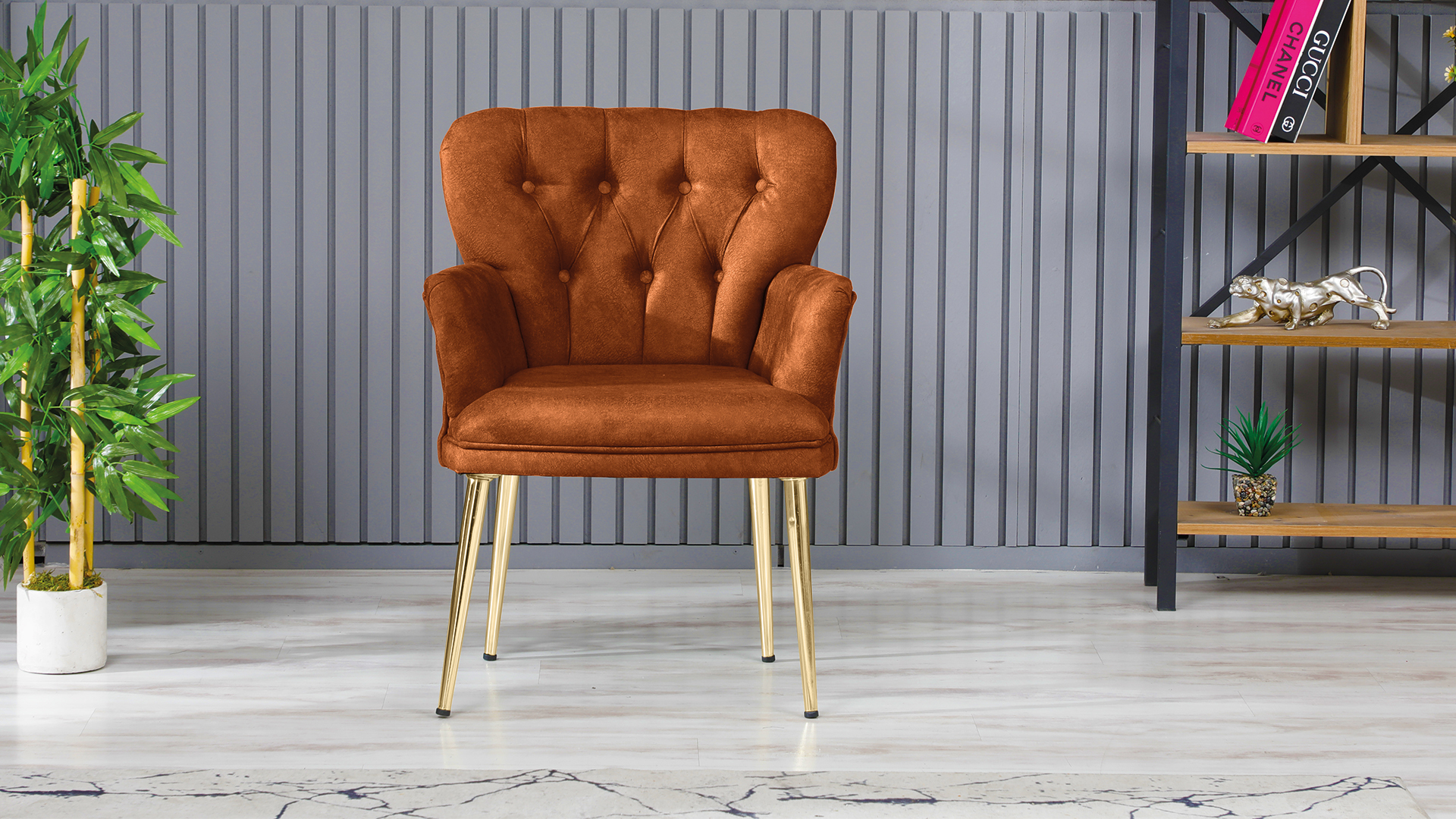 Paris Kollu Takım Nubuk Kumaş Ahşap Siyah Ayak Kiremit