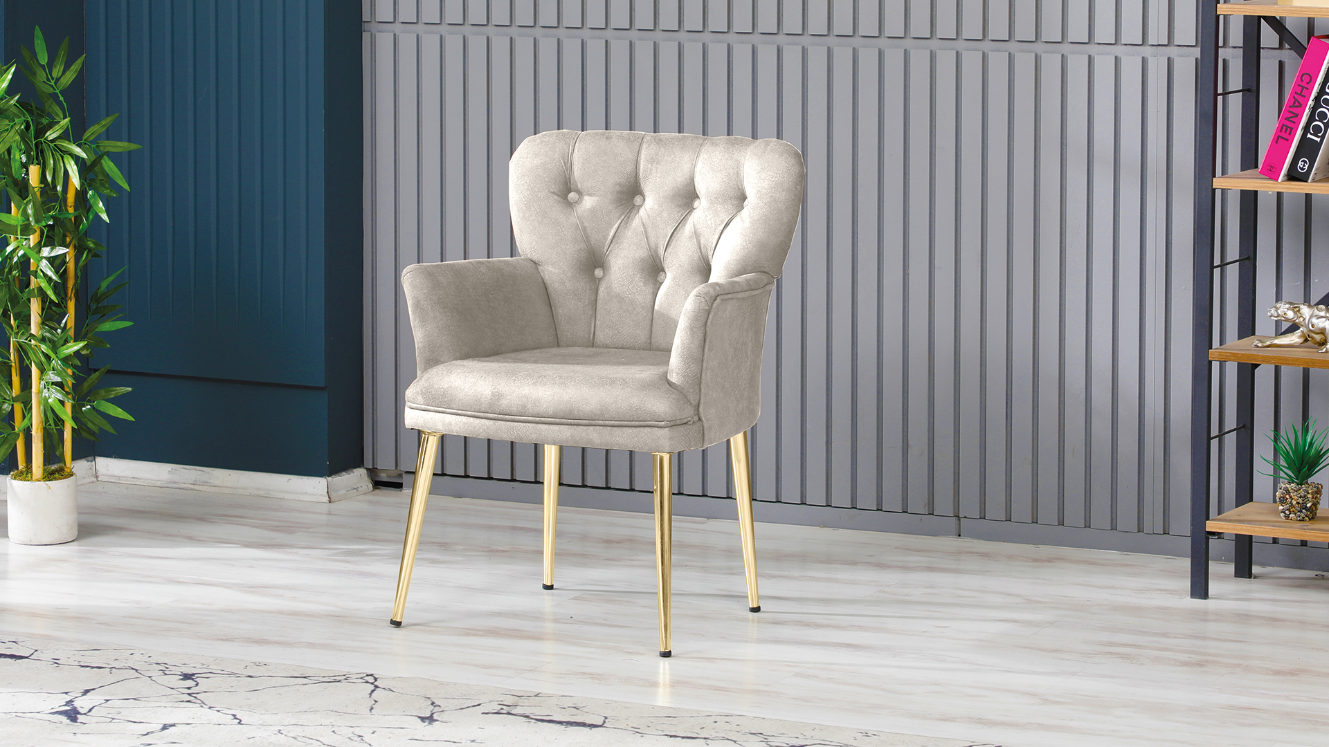 Paris Kollu Takım Nubuk Kumaş Ahşap Siyah Ayak Krem