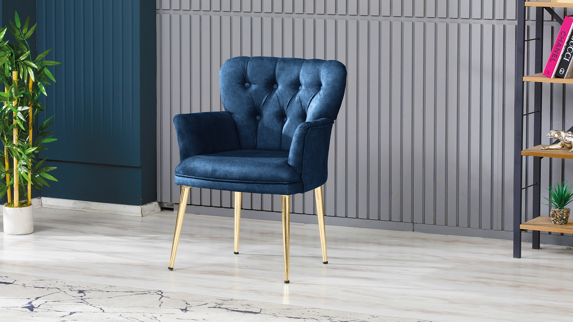 Paris Kollu Tekli Berjer Nubuk Kumaş Ahşap Ceviz Ayak Lacivert