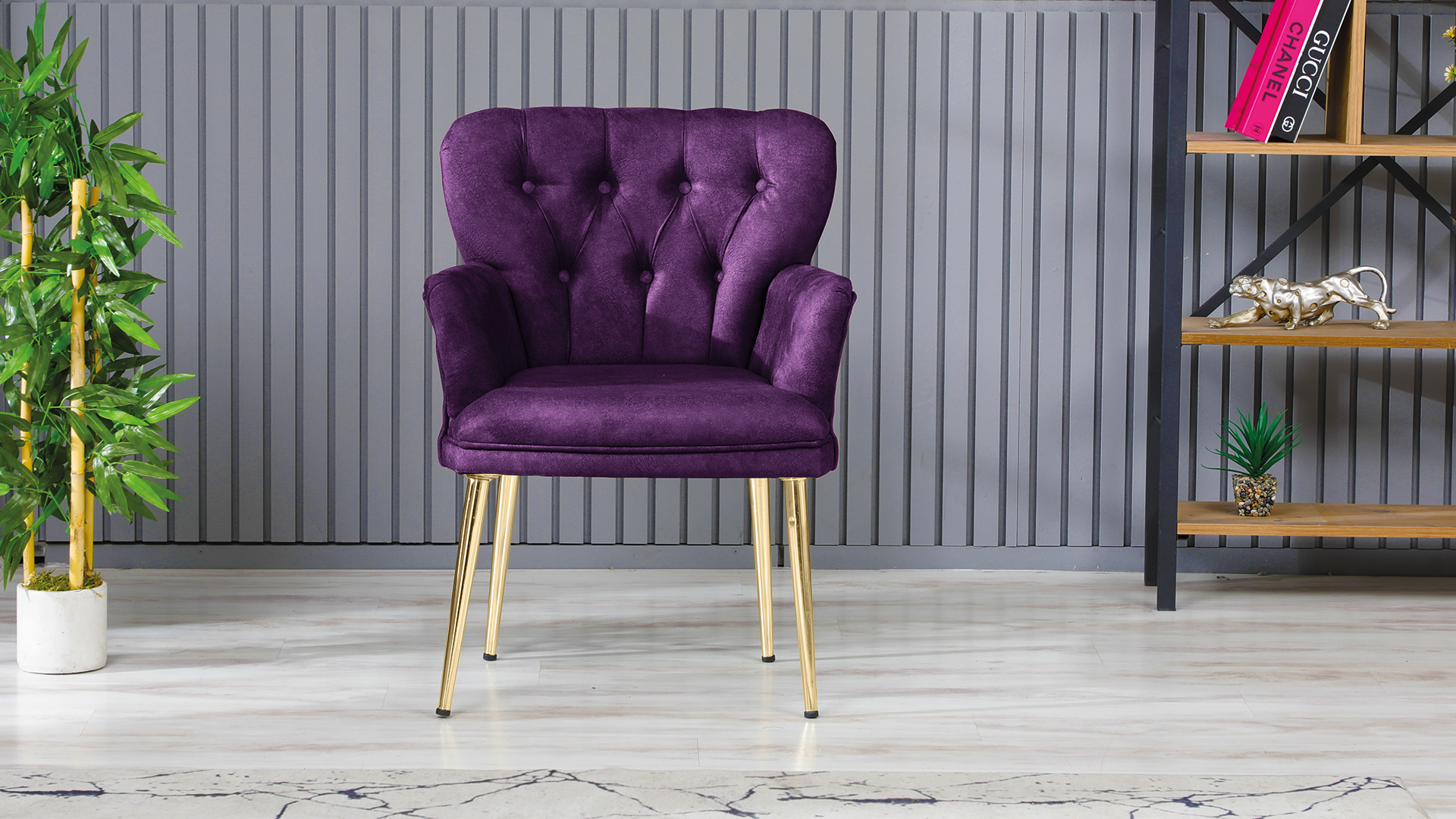 Paris Kollu Takım Nubuk Kumaş Ahşap Siyah Ayak Mürdüm