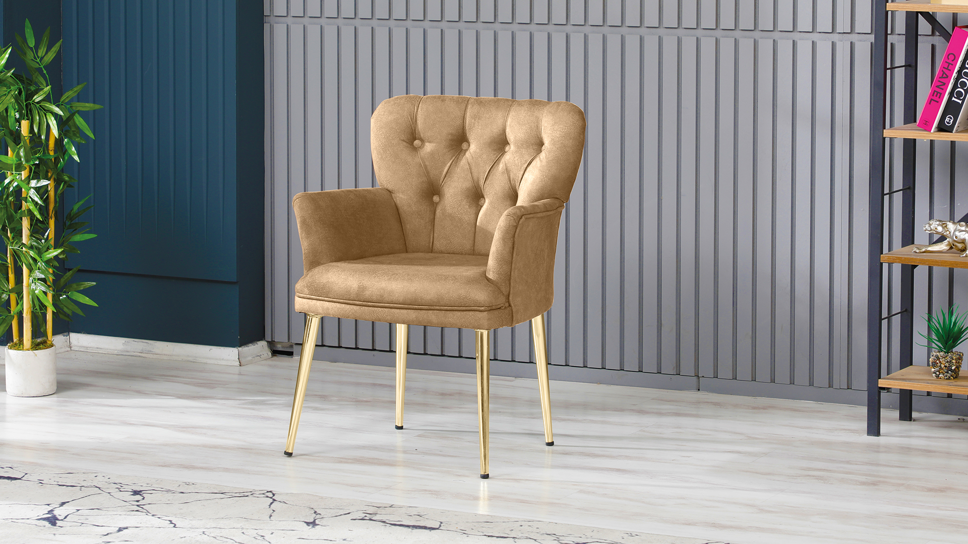 Paris Kollu Takım Nubuk Kumaş Ahşap Siyah Ayak Sütlü Kahve