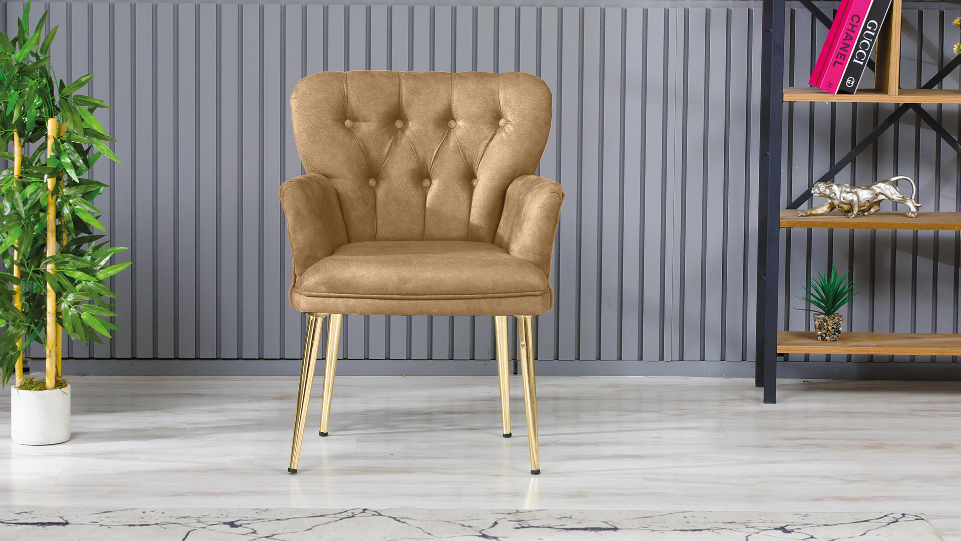 Paris Kollu Takım Nubuk Kumaş Ahşap Siyah Ayak Sütlü Kahve