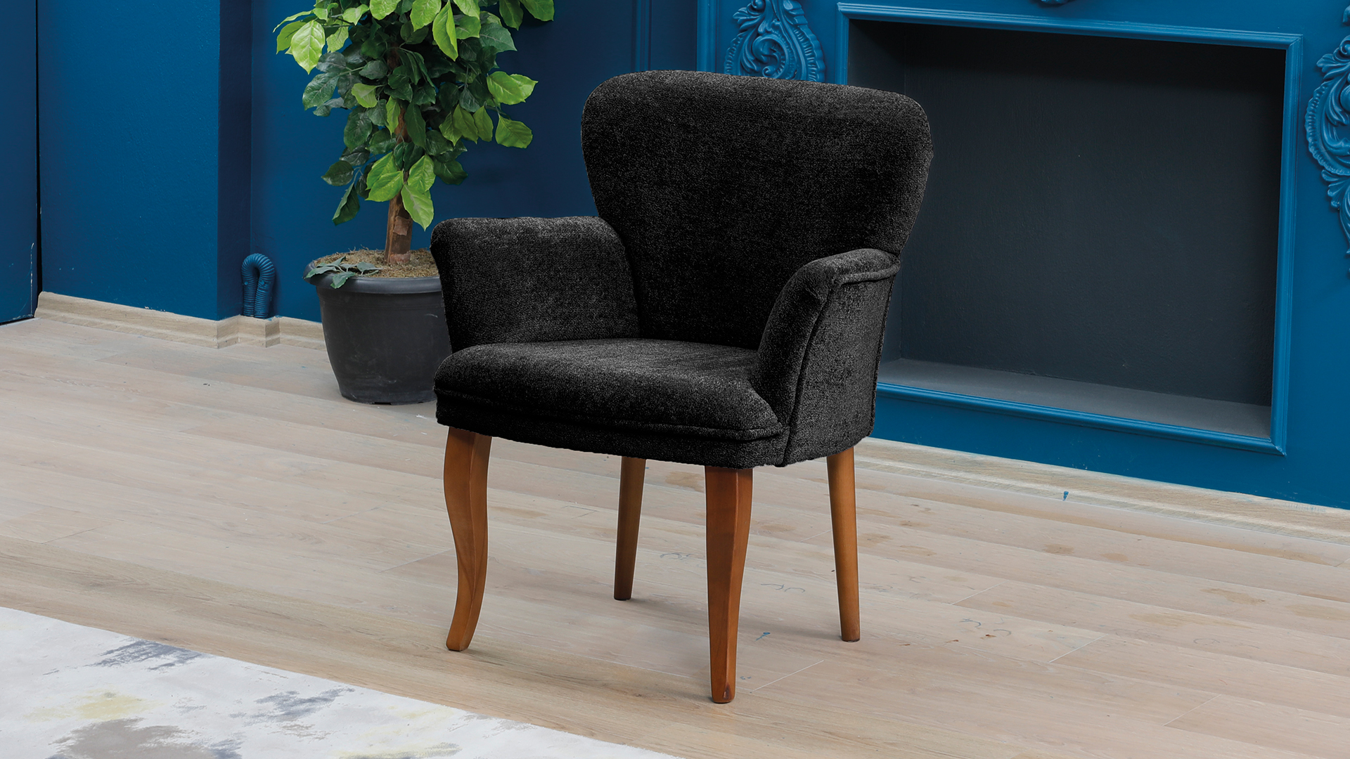 Paris Kollu Takım Nubuk Kumaş Ahşap Siyah Ayak Gri