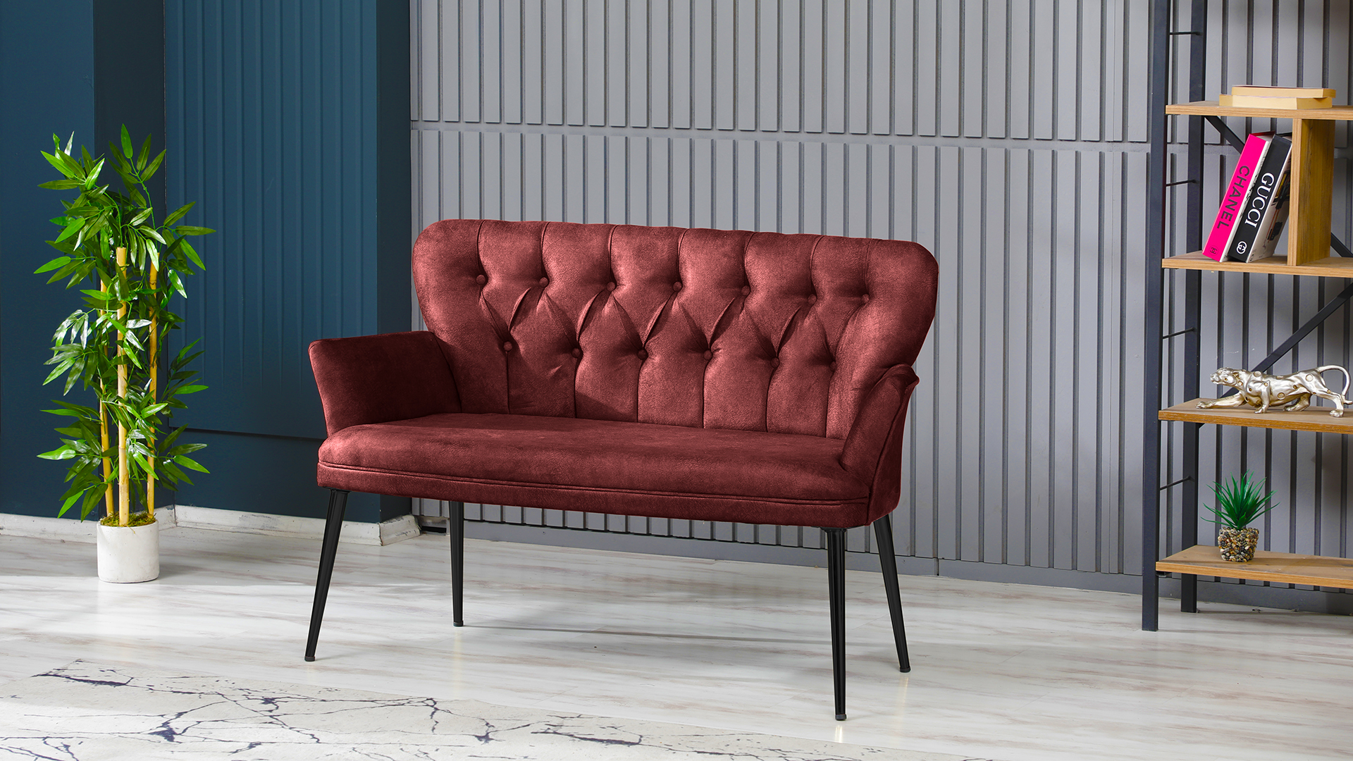 Paris Kollu İkili Koltuk Nubuk Kumaş Metal Siyah Ayak Bordo