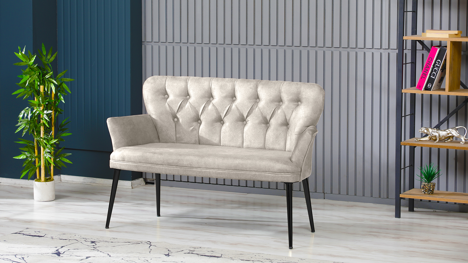 Paris Kollu Takım Nubuk Kumaş Metal Siyah Ayak Krem