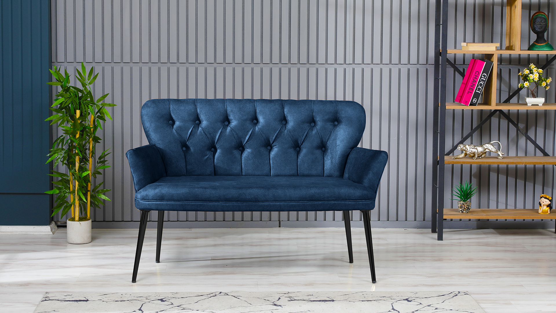 Paris Kollu İkili Koltuk Nubuk Kumaş Metal Siyah Ayak Lacivert