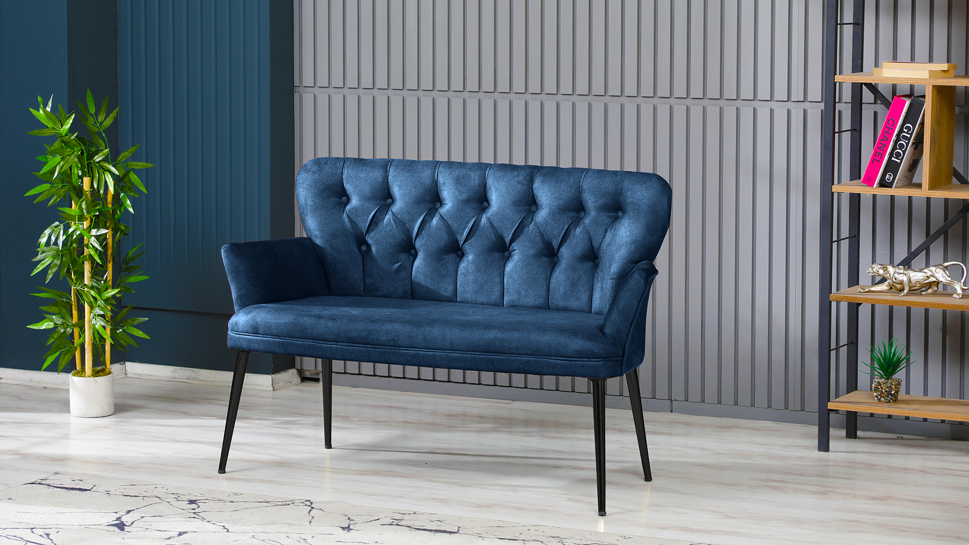 Paris Kollu İkili Koltuk Nubuk Kumaş Metal Siyah Ayak Lacivert