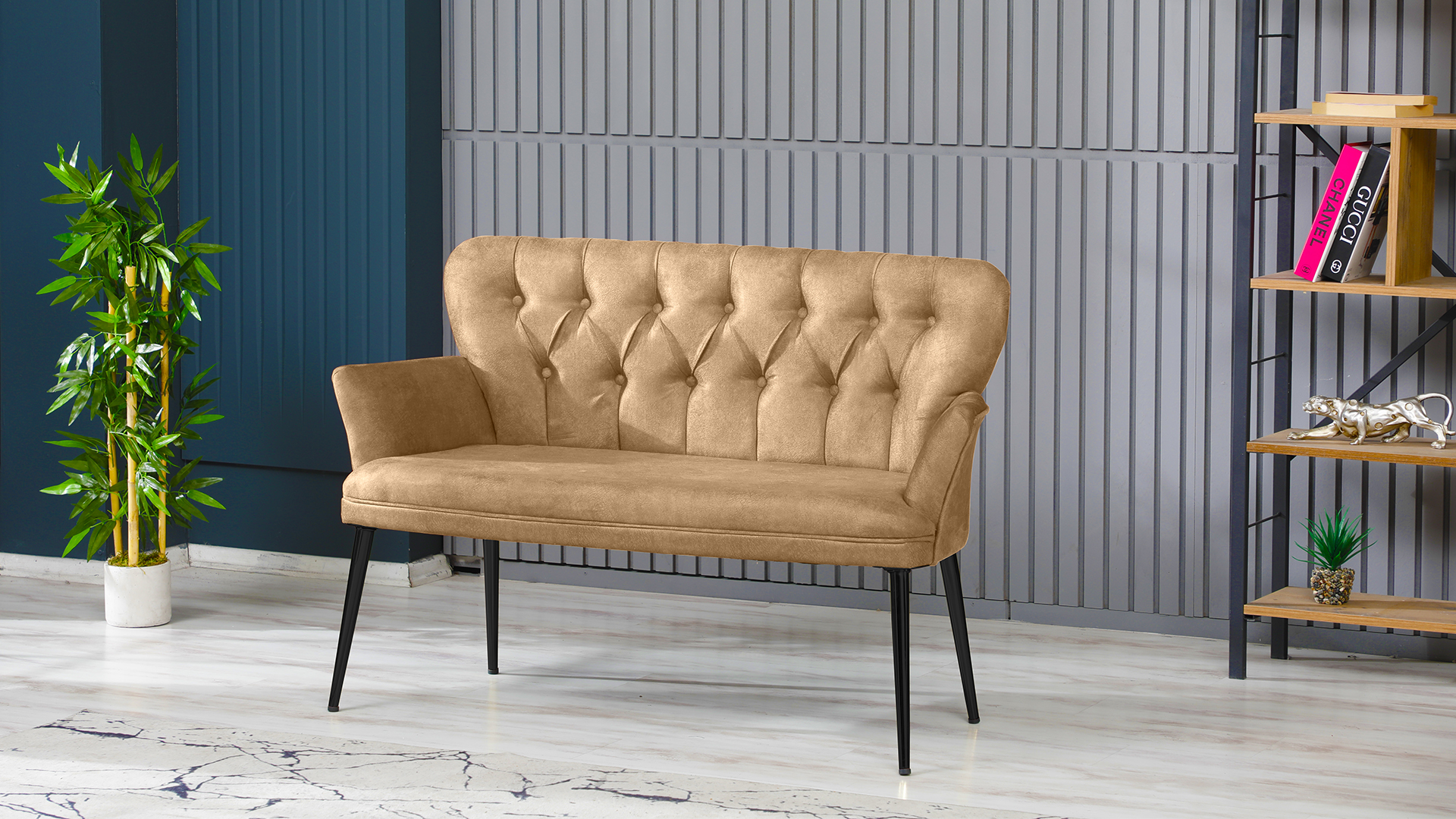 Paris Kollu Takım Nubuk Kumaş Ahşap Metal Siyah Sütlü Kahve