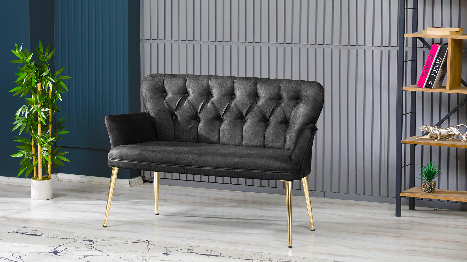 Paris Kollu Takım Nubuk Kumaş Ahşap Ceviz Ayak Füme